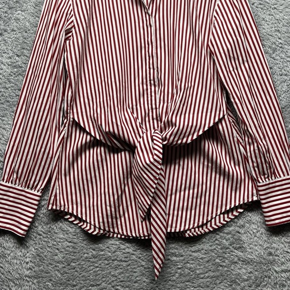 Lauren Ralph Lauren Top Womens Medium Red White Stripe Tie Front Shirred Cuffs - Picture 3 of 12